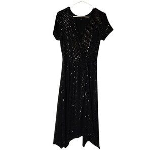 Black Metallic Sequin Fit and Flare Midi Dress